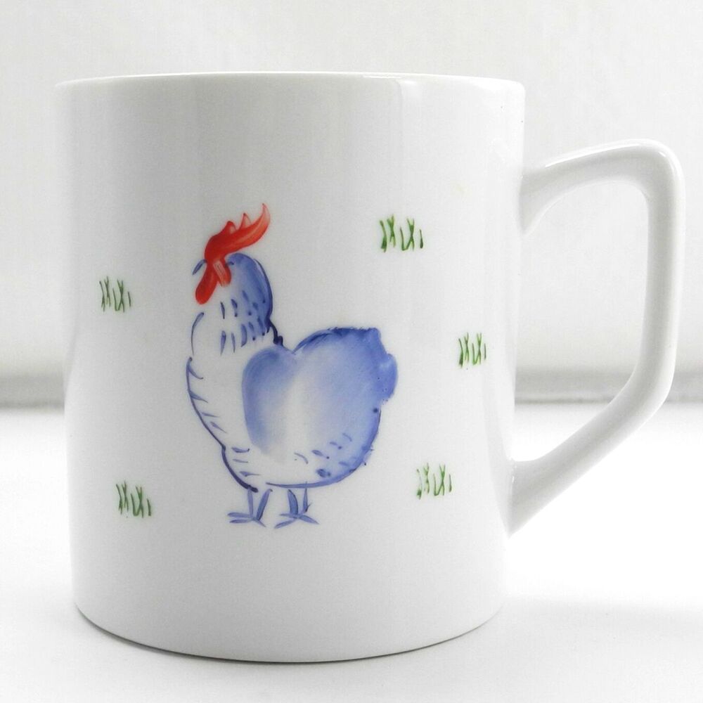 Blue Rooster White Porcelain Mug Handpainted  C. Steel Collection BIA Cordon Ble